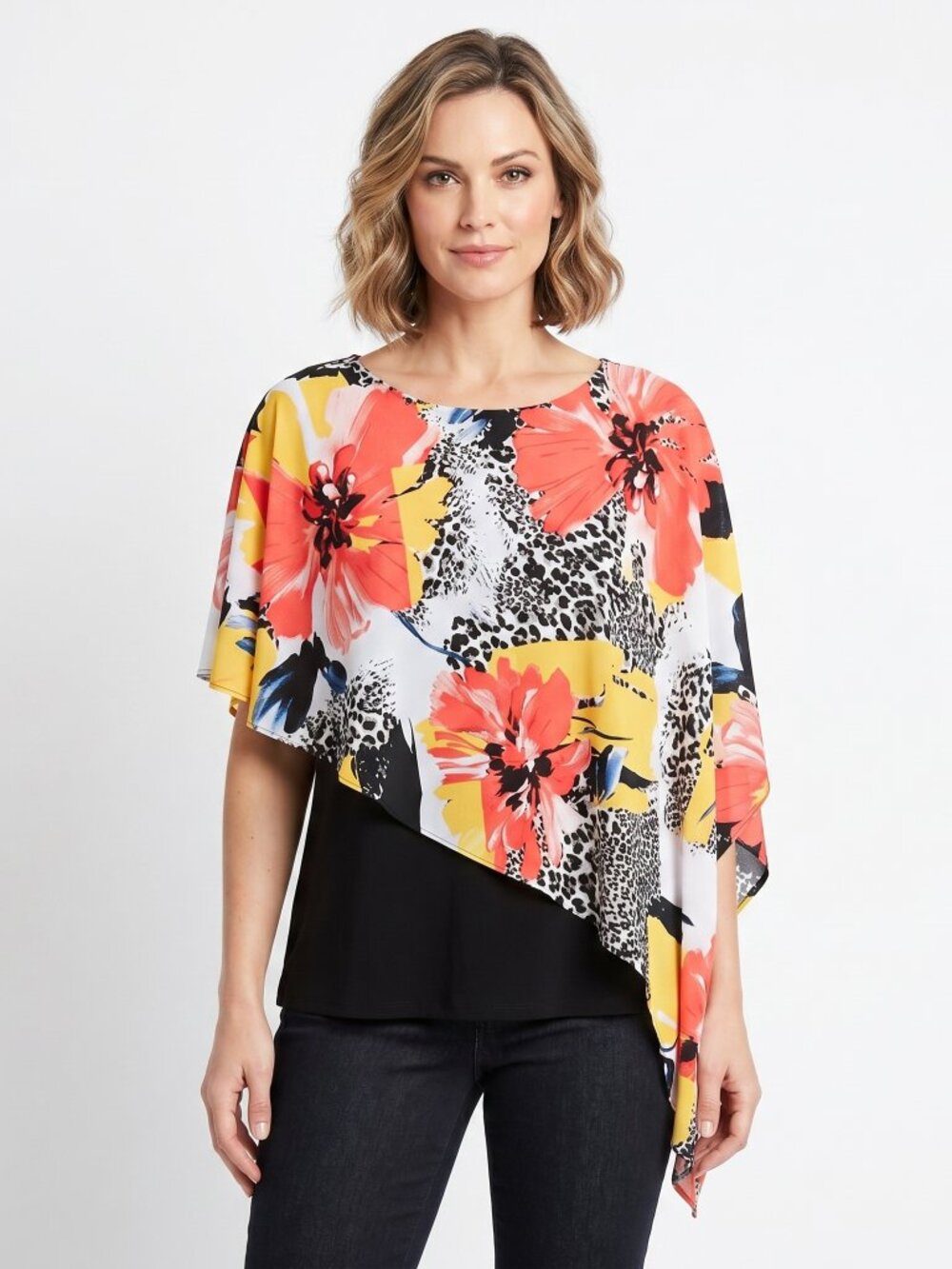 Peter Nygard Blouse Size medium Asymmetrical Floral Top Shirt Orange Black